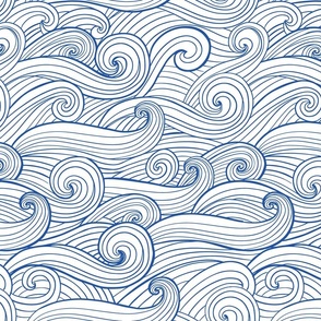 Hand-drawn waves , swirls cobalt blue jumbo scale coastal fabric