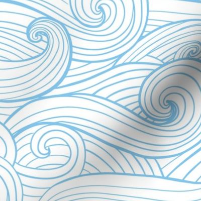 Hand-drawn waves , swirls malibu blue jumbo scale coastal fabric