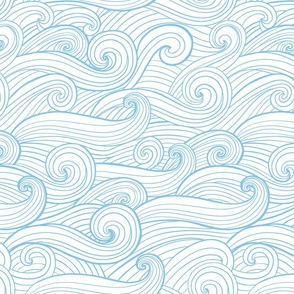 Hand-drawn waves , swirls malibu blue jumbo scale coastal fabric