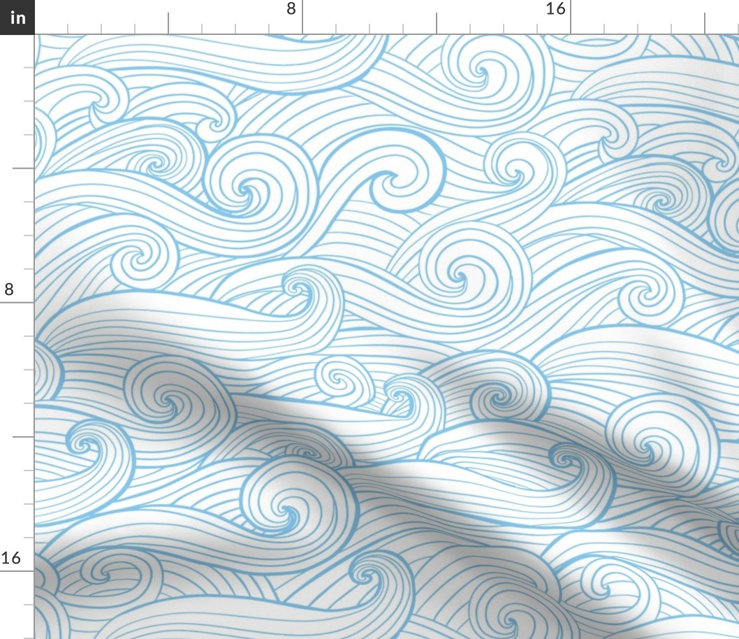 Hand-drawn waves , swirls malibu blue jumbo scale coastal fabric