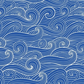 Hand-drawn waves , swirls white cobalt blue jumbo scale coastal fabric