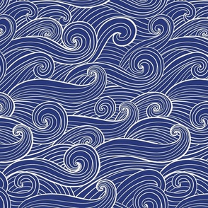 Hand-drawn waves , swirls lapis blue jumbo scale coastal fabric