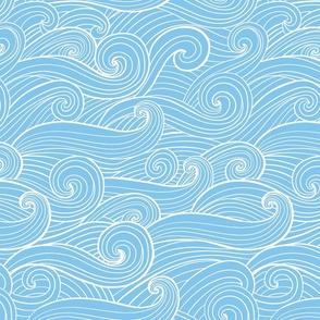 Hand-drawn waves , swirls white on malibu blue jumbo scale coastal fabric