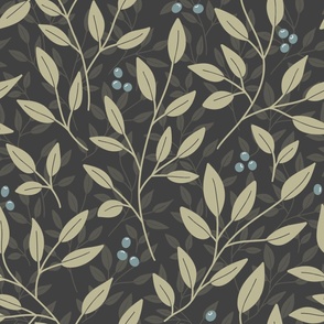 Tan Leaves Blue Berries Charcoal Background