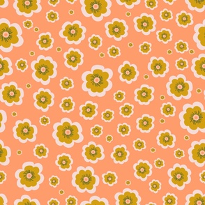  Peach & Mustard Flowers, Kids Fabric, Cute Floral Pattern-Jumbo