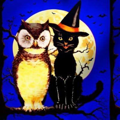 Halloween black cats witch hats owls familiars night moon tree branches night sky bats dark blue yellow brown vintage retro kitsch  