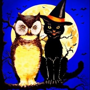 Halloween black cats witch hats owls familiars night moon tree branches night sky bats dark blue yellow brown vintage retro kitsch  