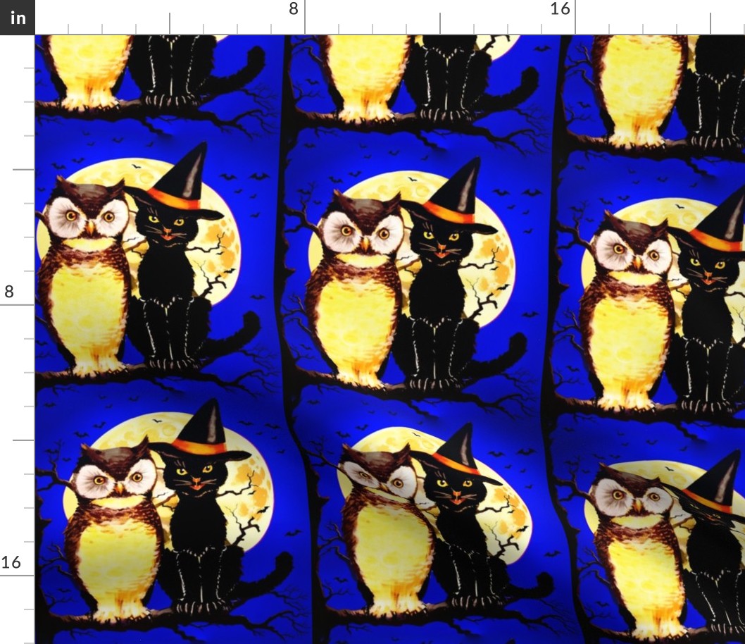 Halloween black cats witch hats owls familiars night moon tree branches night sky bats dark blue yellow brown vintage retro kitsch  