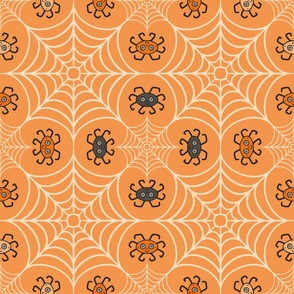 Lucky clover cobweb with happy halloween spiders orange_XL jumbo scale for wallpaper_new