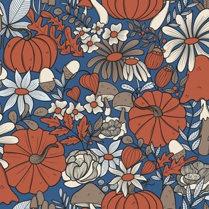 Christine pumpkins and toadstools autumnal floral blue