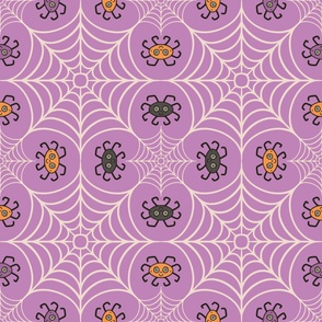 Lucky clover cobweb with happy halloween spiders bluish purple_XL jumbo scale for wallpaper