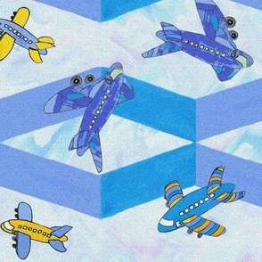 Spoonflower Fabric - Scattered Planes Airplane Watercolour Multi