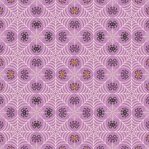 Lucky clover cobweb with happy halloween spiders bluish purple_XS tiny scale for patchwork_new