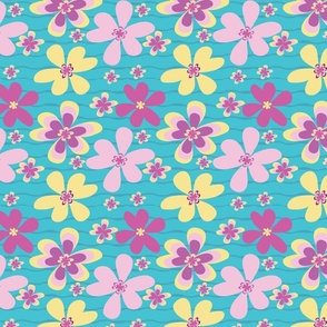 Groovy Flowers in Pink, Blue and Yellow