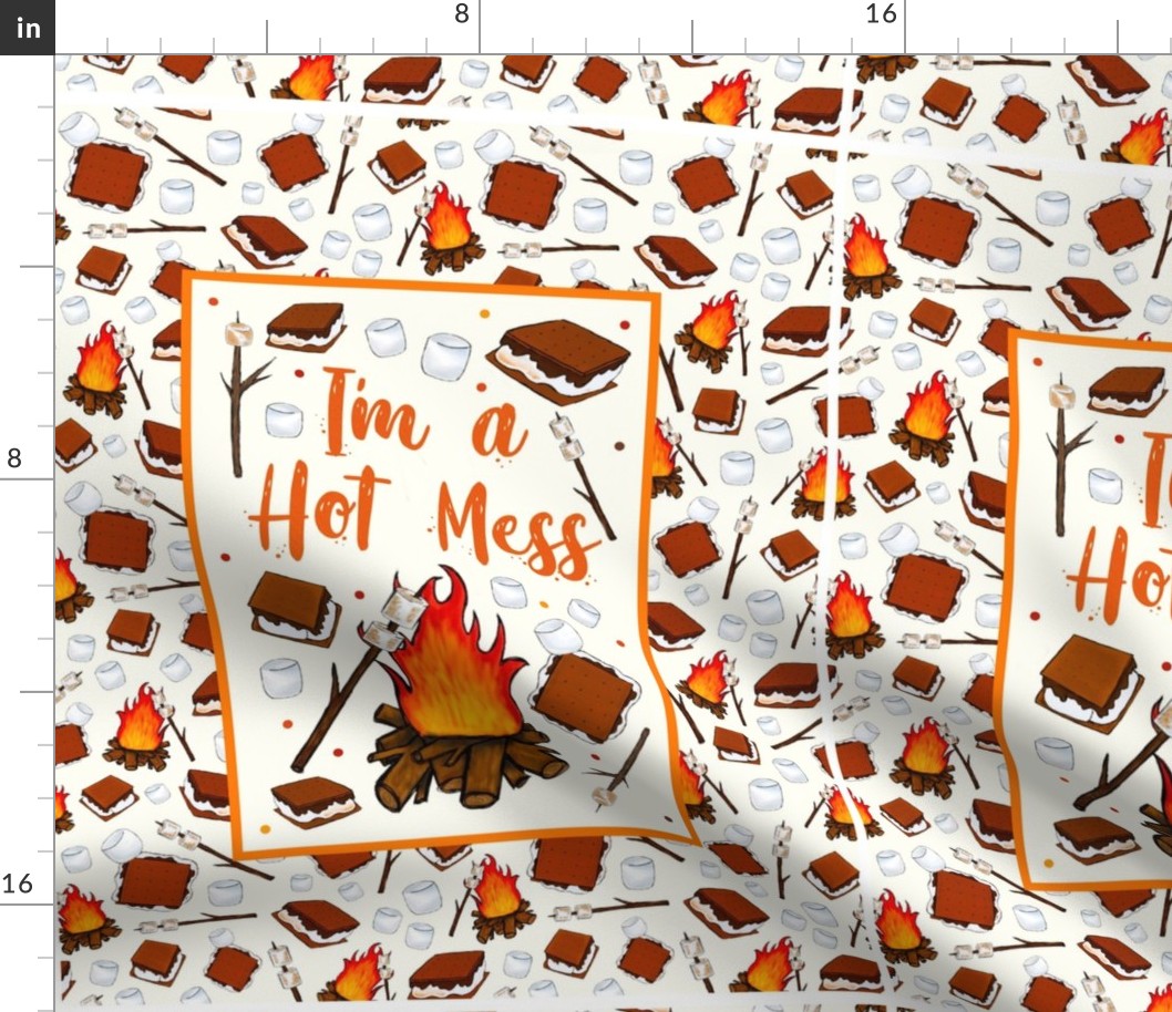 14x18 Panel I'm a Hot Mess Funny Campfire S'Mores on Ivory for Small Wall Hanging or Hand Towel