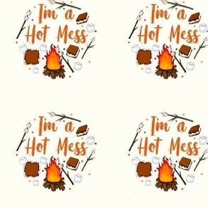 3" Circle Panel I'm a Hot Mess Funny Campfire S'Mores on Ivory for Embroidery Hoop Projects Quilt Squares Iron On Patches