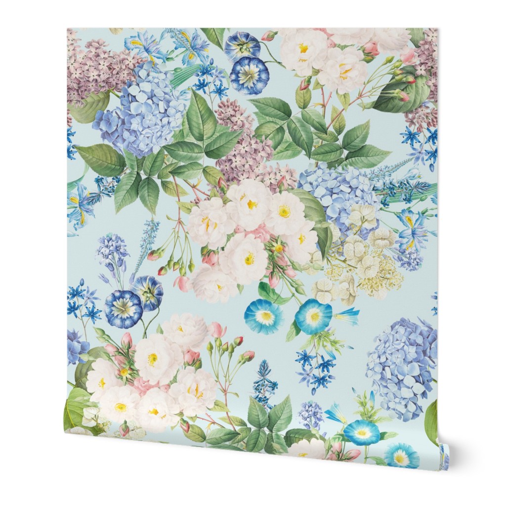 Nostalgic White Pierre-Joseph Redouté Flowers,Blue Hydrangea, Purple Lilacs, Antique Bloom Bouquets, Vintage Home Decor,   English Rose Fabric - light blue