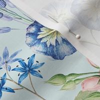 Nostalgic White Pierre-Joseph Redouté Flowers,Blue Hydrangea, Purple Lilacs, Antique Bloom Bouquets, Vintage Home Decor,   English Rose Fabric - light blue