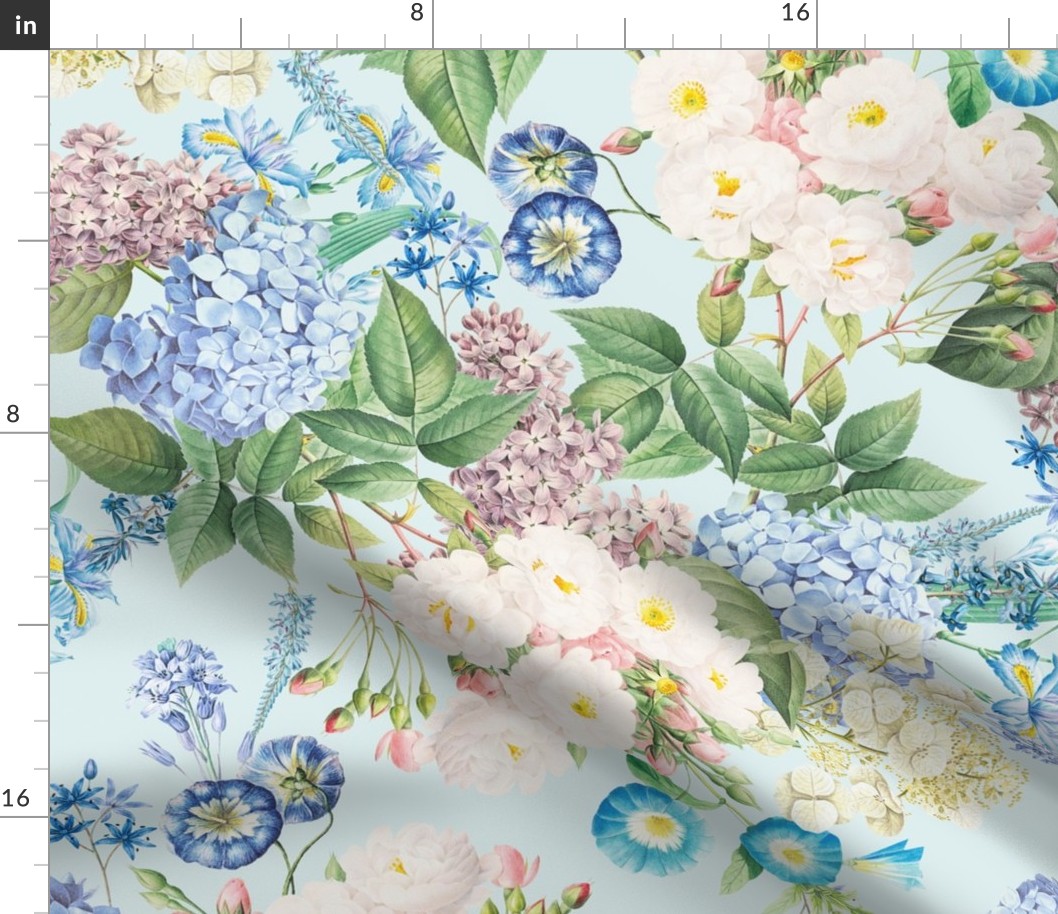 Nostalgic White Pierre-Joseph Redouté Flowers,Blue Hydrangea, Purple Lilacs, Antique Bloom Bouquets, Vintage Home Decor,   English Rose Fabric - light blue