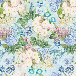 Nostalgic White Pierre-Joseph Redouté Flowers,Blue Hydrangea, Purple Lilacs, Antique Bloom Bouquets, Vintage Home Decor,   English Rose Fabric - light blue double layer 
