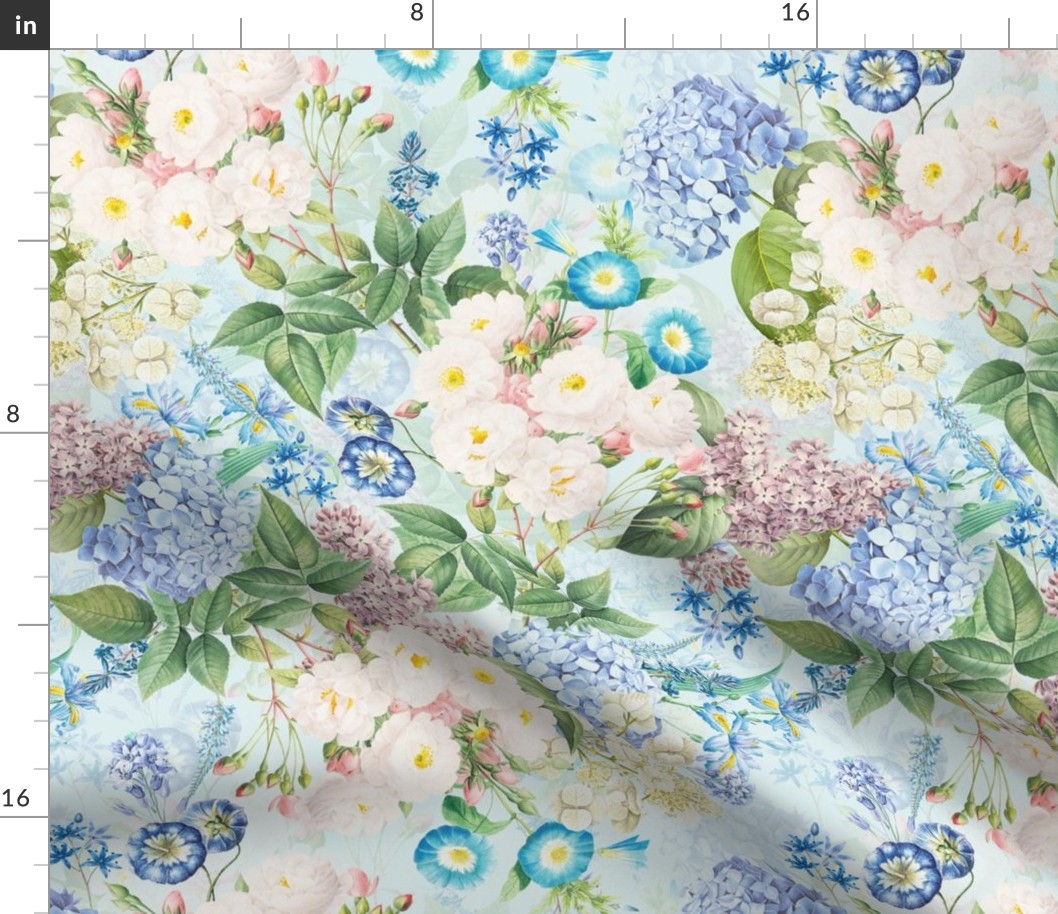 Nostalgic White Pierre-Joseph Redouté Flowers,Blue Hydrangea, Purple Lilacs, Antique Bloom Bouquets, Vintage Home Decor,   English Rose Fabric - light blue double layer 