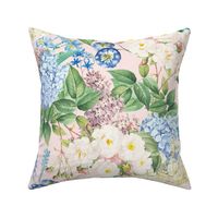 Nostalgic White Pierre-Joseph Redouté Flowers,Blue Hydrangea, Purple Lilacs, Antique Bloom Bouquets, Vintage Home Decor,   English Rose Fabric - blush pink