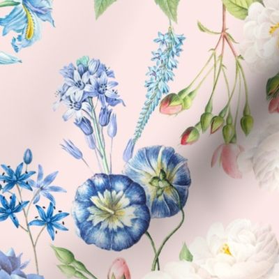 Nostalgic White Pierre-Joseph Redouté Flowers,Blue Hydrangea, Purple Lilacs, Antique Bloom Bouquets, Vintage Home Decor,   English Rose Fabric - blush pink