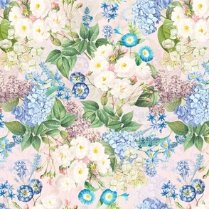 Nostalgic White Pierre-Joseph Redouté Flowers,Blue Hydrangea, Purple Lilacs, Antique Bloom Bouquets, Vintage Home Decor,   English Rose Fabric - blush pink double layer