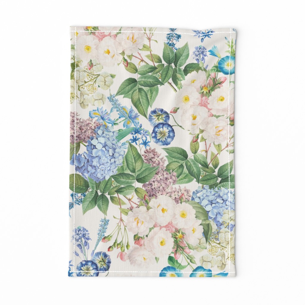 Nostalgic White Pierre-Joseph Redouté Flowers,Blue Hydrangea, Purple Lilacs, Antique Bloom Bouquets, Vintage Home Decor,   English Rose Fabric- off white