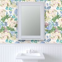 Nostalgic White Pierre-Joseph Redouté Flowers,Blue Hydrangea, Purple Lilacs, Antique Bloom Bouquets, Vintage Home Decor,   English Rose Fabric- off white