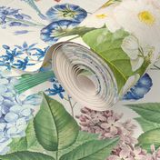 Nostalgic White Pierre-Joseph Redouté Flowers,Blue Hydrangea, Purple Lilacs, Antique Bloom Bouquets, Vintage Home Decor,   English Rose Fabric- off white