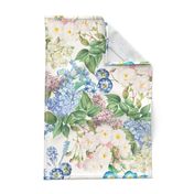 Nostalgic White Pierre-Joseph Redouté Flowers,Blue Hydrangea, Purple Lilacs, Antique Bloom Bouquets, Vintage Home Decor,   English Rose Fabric- off white