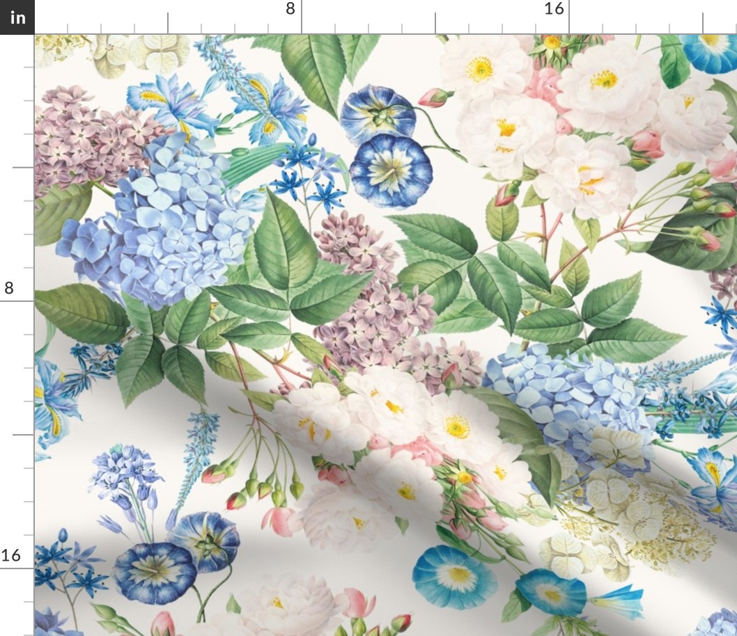Nostalgic White Pierre-Joseph Redouté Flowers,Blue Hydrangea, Purple Lilacs, Antique Bloom Bouquets, Vintage Home Decor,   English Rose Fabric- off white