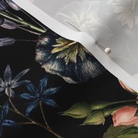 Nostalgic White Pierre-Joseph Redouté Flowers,Blue Hydrangea, Purple Lilacs, Antique Bloom Bouquets, Dark Gothic Vintage Home Decor,   English Goth Rose Fabric - black
