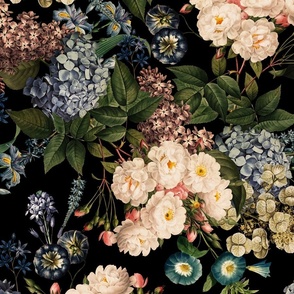 Nostalgic White Pierre-Joseph Redouté Flowers,Blue Hydrangea, Purple Lilacs, Antique Bloom Bouquets, Dark Gothic Vintage Home Decor,   English Goth Rose Fabric - black