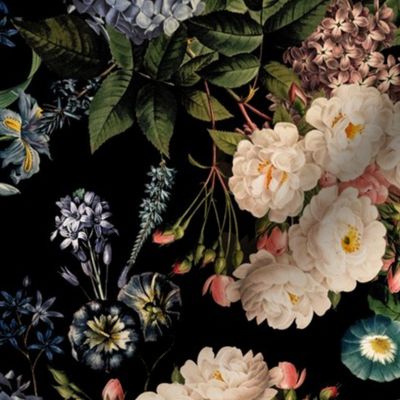 Nostalgic White Pierre-Joseph Redouté Flowers,Blue Hydrangea, Purple Lilacs, Antique Bloom Bouquets, Goth  DarkVintage Home Decor,   English Gothic Rose Fabric - black double layer