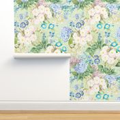 Nostalgic White Pierre-Joseph Redouté Flowers,Blue Hydrangea, Purple Lilacs, Antique Bloom Bouquets, Vintage Home Decor,   English Rose Fabric- light green double layer 