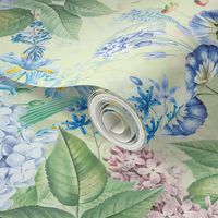 Nostalgic White Pierre-Joseph Redouté Flowers,Blue Hydrangea, Purple Lilacs, Antique Bloom Bouquets, Vintage Home Decor,   English Rose Fabric- light green double layer 