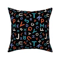 Tossed alphabet - colorful abc in mid-century retro font typography back to school design teal lilac coral ivory on black 