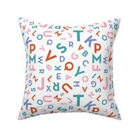 Tossed alphabet - colorful abc in mid-century retro font typography back to school design teal periwinkle pink coral on white