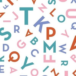 Tossed alphabet - colorful abc in mid-century retro font typography back to school design teal periwinkle pink coral on white