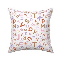 Tossed alphabet - colorful abc in mid-century retro font typography back to school design orange lilac caramel pink on white