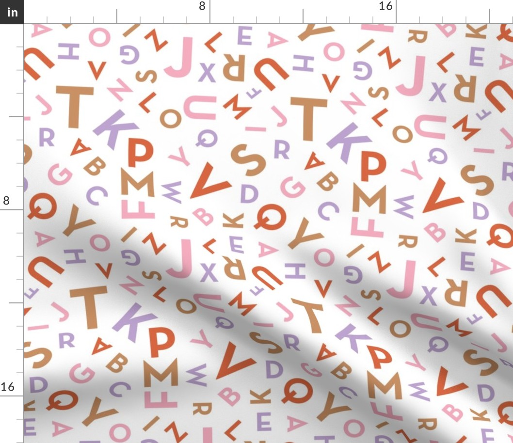 Tossed alphabet - colorful abc in mid-century retro font typography back to school design orange lilac caramel pink on white