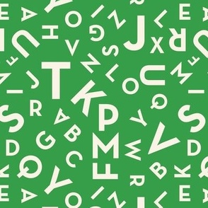 Tossed alphabet - minimalist abc in mid-century retro font typography back to school design ivory on grass green 