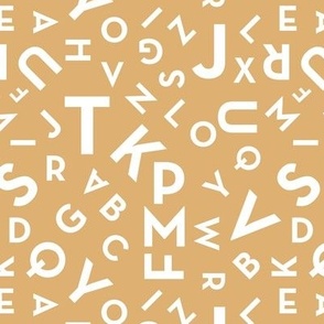 Tossed boho alphabet - minimalist abc in mid-century retro font typography back to school design white on camel yellow 