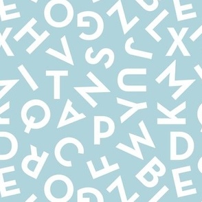 Tossed alphabet ABC - minimalist text mid-century retro font typography back to school design white on baby blue 