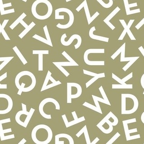 Tossed alphabet ABC - minimalist text mid-century retro font typography back to school design white on olive green 