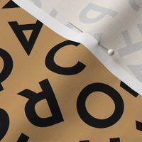 Tossed alphabet ABC - minimalist text mid-century retro font typography back to school design black on caramel tan beige 