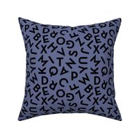 Tossed alphabet ABC - minimalist text mid-century retro font typography back to school design black on periwinkle blue 