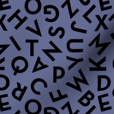 Tossed alphabet ABC - minimalist text mid-century retro font typography back to school design black on periwinkle blue 